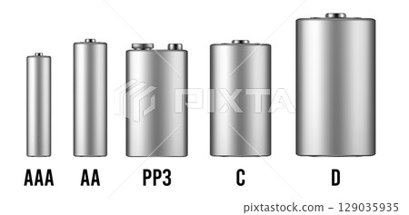 Silver battery mockup. Set of different types of alkaline batteries. AAA, AA, PP3, C and D types Silver battery mockup. Set of different types of alkaline batteries. AAA, AA, PP3, C and D types 129035935