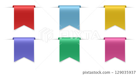 Set of short ribbons or bookmarks. Favorites sign. Flag shape. Multicolored labels 129035937