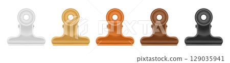 Set of multicolored bulldog paper clips. White, gold, bronze, brown and black paper holders. 129035941