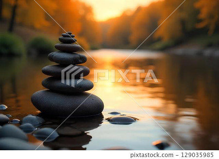 stones stacked in a wooden bowls 129035985