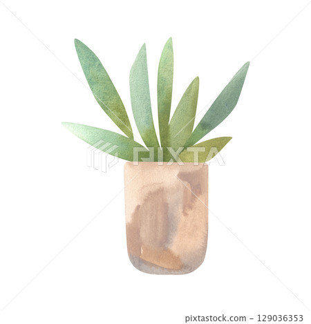 Succulent in a concrete pot. Interior decoration in minimalist Japanese style. Isolated watercolor illustration. 129036353