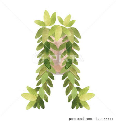 Succulent in a concrete pot. Interior decoration in minimalist Japanese style. Isolated watercolor illustration. 129036354