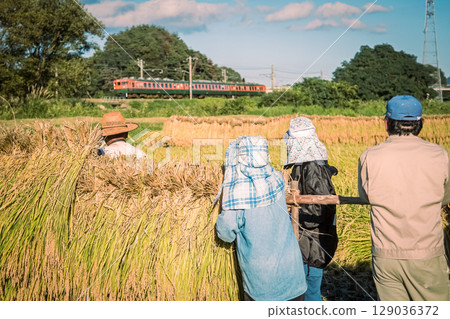A scene of the 165 series train running on the Shinano Railway and local people 129036372