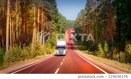 一輛大卡車在森林裡一條紅褐色的道路上飛馳 129036376
