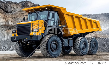 Yellow heavy-duty dump truck in industrial quarry with rocky background and dramatic sky 129036394