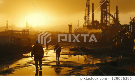 Industrial landscape at sunset with workers and reflections in puddles near oil refinery 129036395