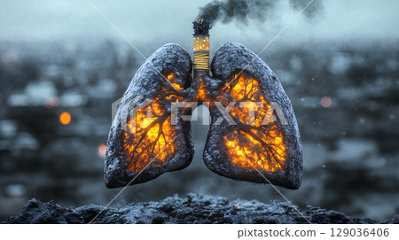 Illustration of smoking impact on human lungs - burning and deteriorating organs from cigarette smoke 129036406