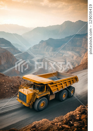 Massive yellow dump truck navigating rugged terrain in mountainous open-pit mine 129036419