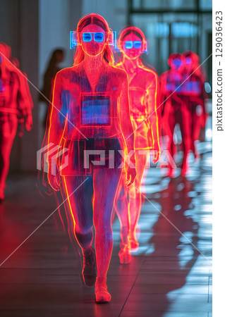 Futuristic neon silhouettes of people walking with tech-inspired gear and bright lights 129036423