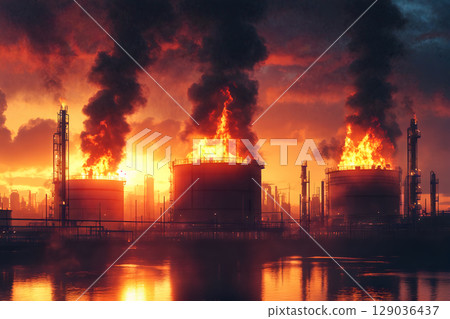 Explosive fire erupts at industrial oil refinery with massive flames and thick black smoke rising against evening sky 129036437