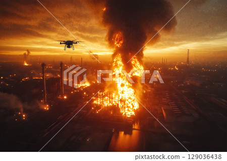 Dramatic industrial fire at oil refinery captured by drone at sunset 129036438