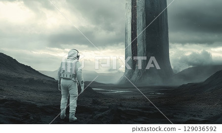 Astronaut exploring mysterious alien landscape with towering monolith in distance under cloudy sky Astronaut exploring mysterious alien landscape with towering monolith in distance under cloudy sky 129036592