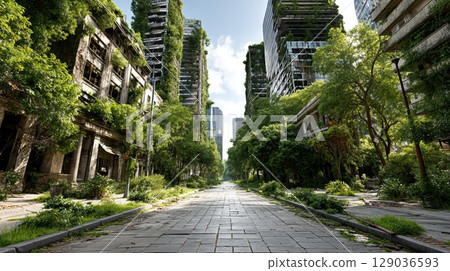 Overgrown urban landscape with nature reclaiming abandoned skyscrapers and streets 129036593