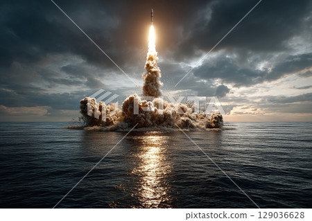 Powerful rocket launching over ocean at sunset with dramatic sky and reflections 129036628