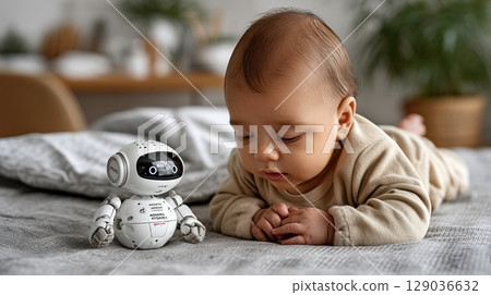 Curious baby lying on bed next to interactive toy robot exploring new technology 129036632