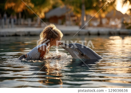 Young girl kissing dolphin in tropical lagoon at sunset, enjoying nature and connection, warm light 129036636