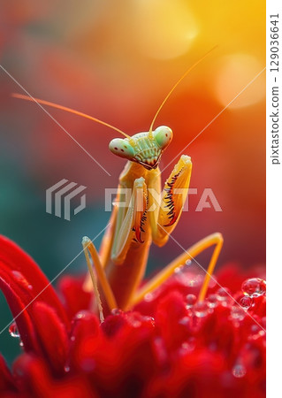 Close-up of praying mantis on vibrant dew-kissed red flower, insect and nature concept 129036641