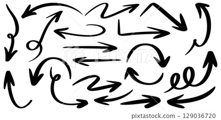 collection of hand drawn arrows in various styles and directions. This doodle style vector illustration features curved, straight, looping, and bent arrows. collection of hand drawn arrows in various styles and directions. This doodle style vector illustration features curved, straight, looping, and bent arrows. 129036720