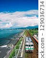 Kiha 40 series train running on the Muroran Main Line and the seaside scenery 129036734