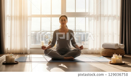Woman Meditating in Serene Indoor Yoga Space 129036758