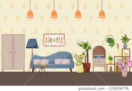 Living room interior with a sofa, floor lamp, wardrobe and shelving unit. Record player, plants for coziness, shelf for figurines and personal items. Cozy furniture set for comfortable living. Modern 129036776