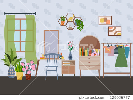 Cozy room interior with furniture. Dressing table with mirror, chair, window and green plants. Hanger with clothes. Minimalistic wardrobe concept for modern lifestyle. 129036777