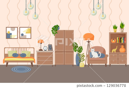 Cozy bedroom interior. Bed, armchair, wardrobe. Armchair with pillows and a cat. Bedside table with a lamp, photo inset and alarm clock. Modern bedroom or living room is an ideal place for rest and 129036778