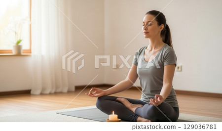 Woman Meditating in Serene Indoor Yoga Practice - AI generated image Woman Meditating in Serene Indoor Yoga Practice - AI generated image 129036781