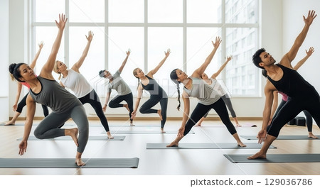 Group Yoga Practice in Bright Studio - AI generated image 129036786