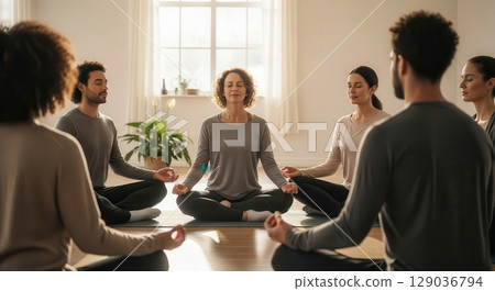 Group Meditation and Yoga Practice in a Serene Setting - AI generated image 129036794