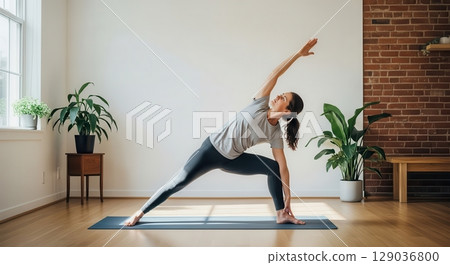 Woman Practicing Yoga in a Serene Indoor Space 129036800
