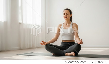 Woman Meditating in Serene Indoor Yoga Practice - AI generated image Woman Meditating in Serene Indoor Yoga Practice - AI generated image 129036896