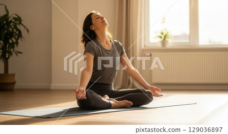 Woman Practicing Yoga in Serene Indoor Setting - AI generated image Woman Practicing Yoga in Serene Indoor Setting - AI generated image 129036897