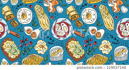 Bright doodle pattern with different types of eggs for breakfast fried eggs omelette scrambled eggs 129037148