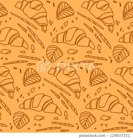 seamless pattern with french pastries, outline croissants and puff pastries in doodle style seamless pattern with french pastries, outline croissants and puff pastries in doodle style 129037151