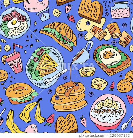 pattern with bright doodle breakfast, pancakes, bananas, yogurt, avocado bowl, protein shake pattern with bright doodle breakfast, pancakes, bananas, yogurt, avocado bowl, protein shake 129037152