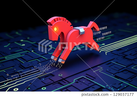 Ancient trojan horse merged with modern processor, data breach warning illustration, electronic warfare metaphor 129037177