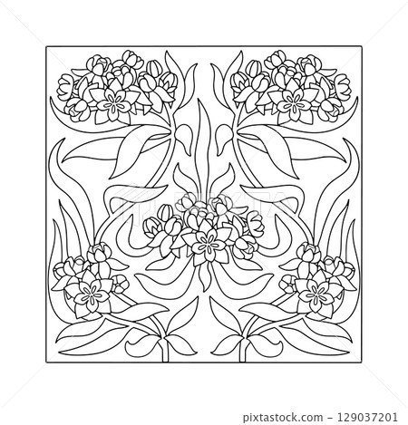 Art nouveau milkweed flowers and leaves hand drawn monochrome coloring book page. Vintage black and white tropical botanical design vector illustration 129037201