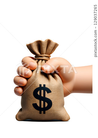 Money bag with $ symbol in hand, cartoon style for business themes, wealth concept for financial apps Money bag with $ symbol in hand, cartoon style for business themes, wealth concept for financial apps 129037265