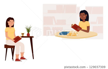 A girl enthusiastically reads a book in a cafe, in a park, in a library, on a swing. Literary girl 129037309