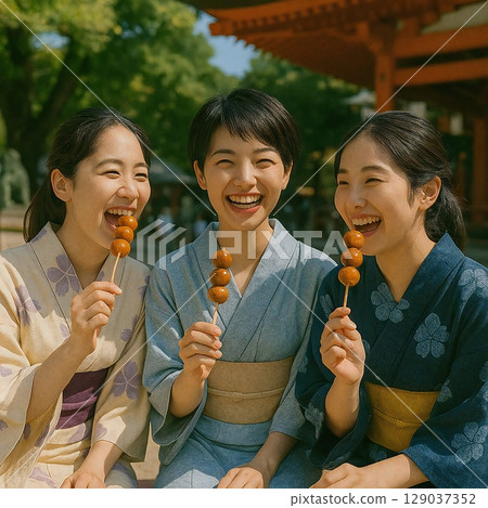 I created a scene of three people laughing and eating dumplings in the shrine grounds. 129037352