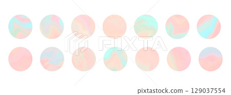 Set of light pastel peach orange, coral and teal round shapes hologram stickers. Holographic vibrant pink and blue colors circles templates for software, ui design, web, apps wallpaper, banner 129037554