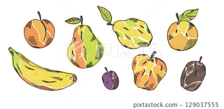 Set of bright sketch color vector fruits illustrations with hand drawn dots texture. Cute pen drawing summer fruits for eco design, shop advertisement, banners, surface, package, sticker, logo 129037555