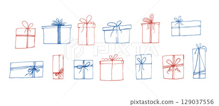 Set of cute doodle hand drawn blue red vector gift boxes for Christmas and birthday decoration. Funny sketch present gifts for print design, stickers, patterns, greeting card decoration Set of cute doodle hand drawn blue red vector gift boxes for Christmas and birthday decoration. Funny sketch present gifts for print design, stickers, patterns, greeting card decoration 129037556