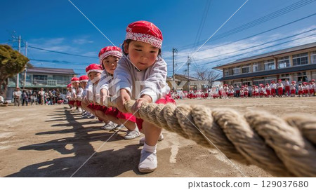 孩子們分成紅隊和白隊進行拔河比賽 129037680
