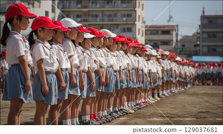 小學生在運動會開幕式上排隊 129037681
