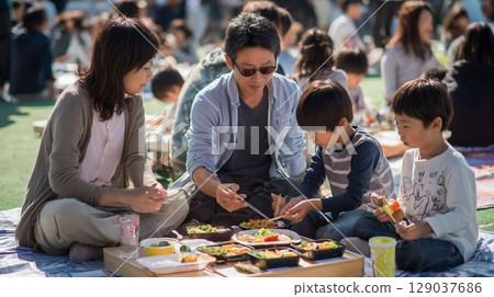 Smiling family around lunch box 129037686