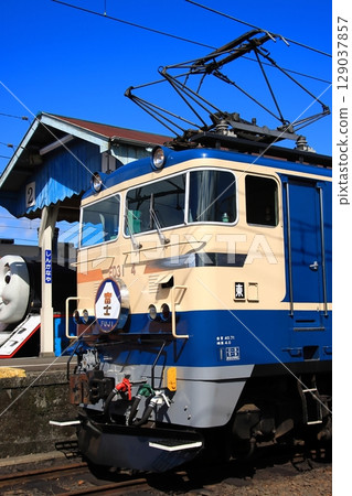 Oigawa Railway E31 class locomotive hauling Blue Train Express at the retro Shin-Kanaya Station (Photo taken on July 20, 2025) 129037857