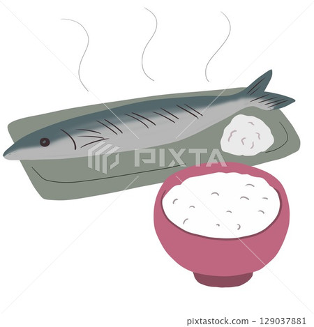 Grilled salted saury and rice 129037881