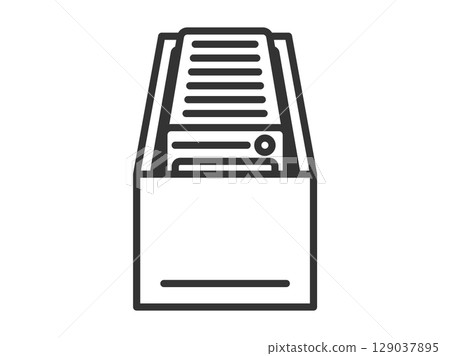 Line drawing illustration of trading card icons in a storage box 129037895